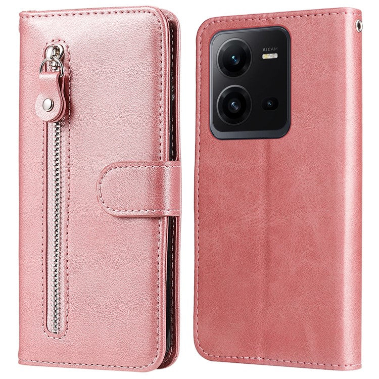 For vivo V25 5G / V25e 4G Calf Texture PU Leather Wallet Phone Case Zipper Pocket Flip Stand Cover - Pink