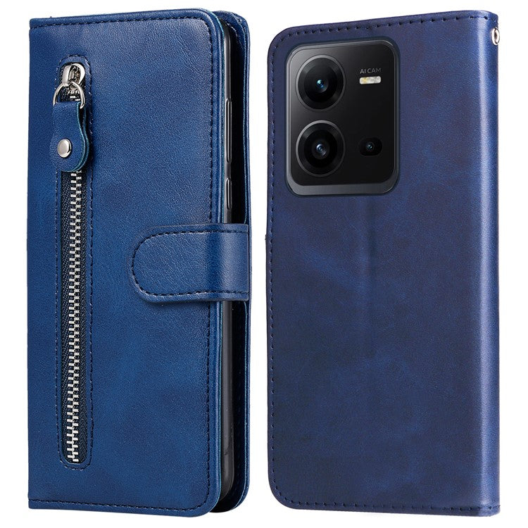 For vivo V25 5G / V25e 4G Calf Texture PU Leather Wallet Phone Case Zipper Pocket Flip Stand Cover - Blue