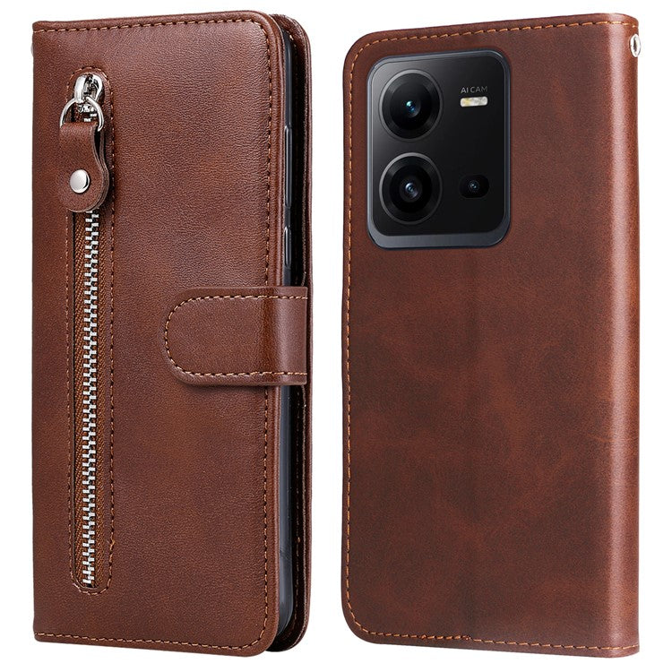 For vivo V25 5G / V25e 4G Calf Texture PU Leather Wallet Phone Case Zipper Pocket Flip Stand Cover - Brown