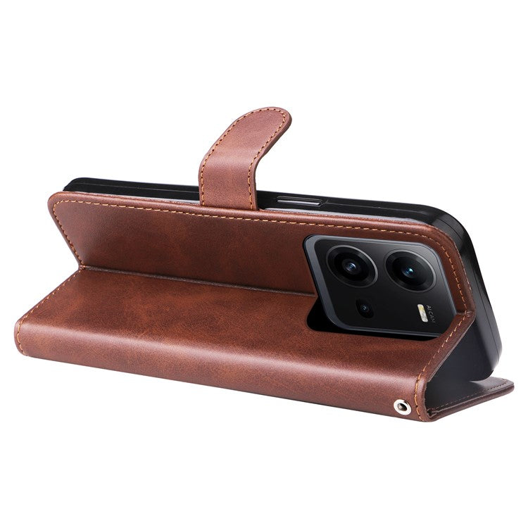 For vivo V25 5G / V25e 4G Calf Texture PU Leather Wallet Phone Case Zipper Pocket Flip Stand Cover - Brown