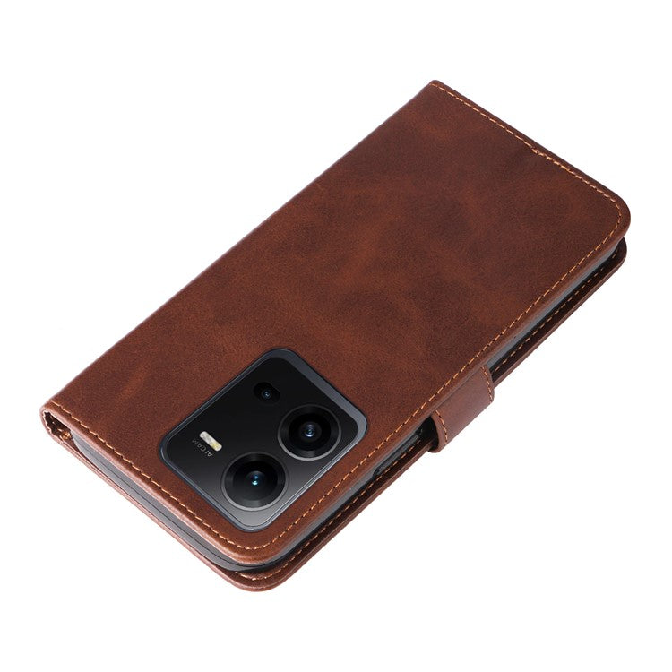 For vivo V25 5G / V25e 4G Calf Texture PU Leather Wallet Phone Case Zipper Pocket Flip Stand Cover - Brown