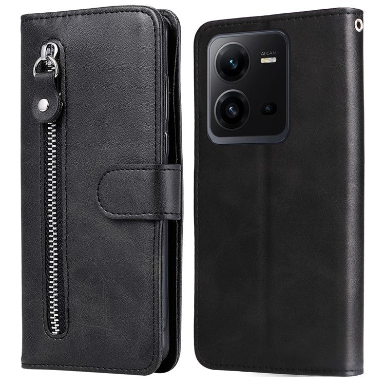 For vivo V25 5G / V25e 4G Calf Texture PU Leather Wallet Phone Case Zipper Pocket Flip Stand Cover - Black