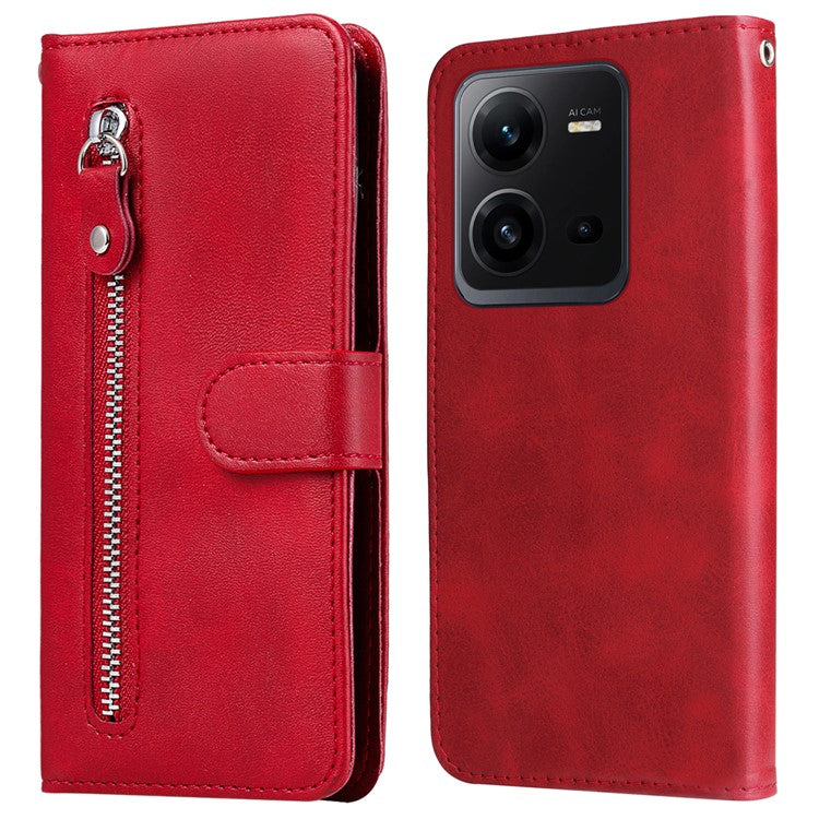 For vivo V25 5G / V25e 4G Calf Texture PU Leather Wallet Phone Case Zipper Pocket Flip Stand Cover - Red