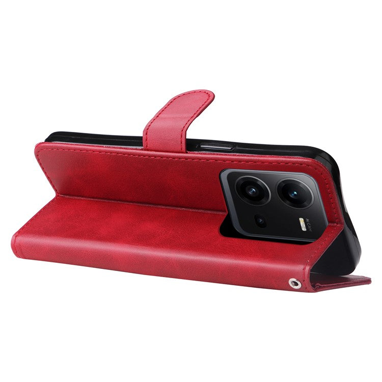 For vivo V25 5G / V25e 4G Calf Texture PU Leather Wallet Phone Case Zipper Pocket Flip Stand Cover - Red