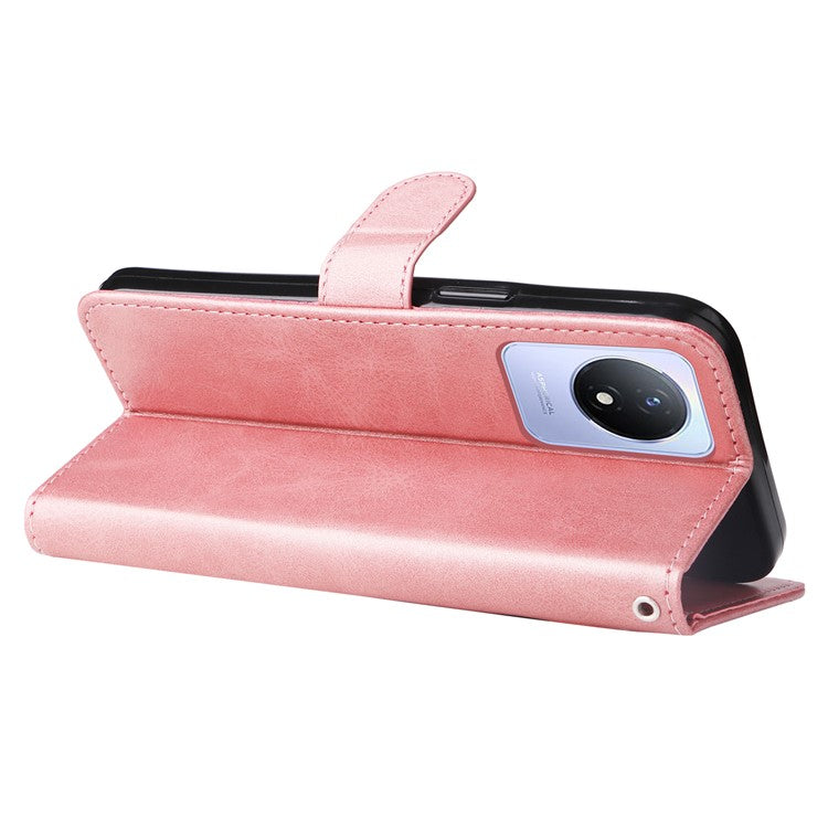 For vivo Y02 4G Calf Texture Zipper Pocket Phone Case Drop-proof Leather Wallet Stand Cover - Pink