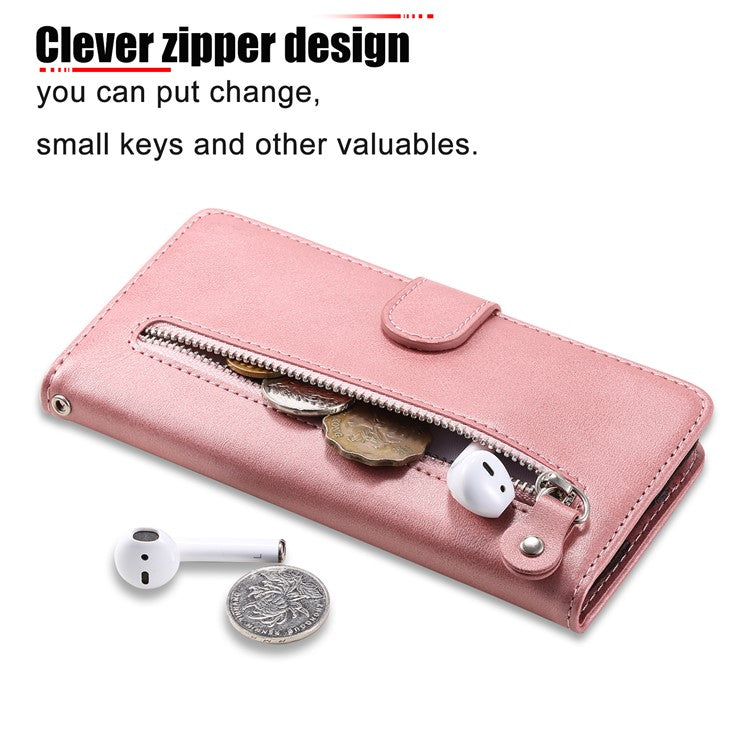 For vivo Y02 4G Calf Texture Zipper Pocket Phone Case Drop-proof Leather Wallet Stand Cover - Pink