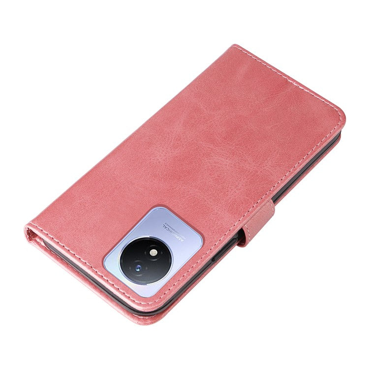 For vivo Y02 4G Calf Texture Zipper Pocket Phone Case Drop-proof Leather Wallet Stand Cover - Pink