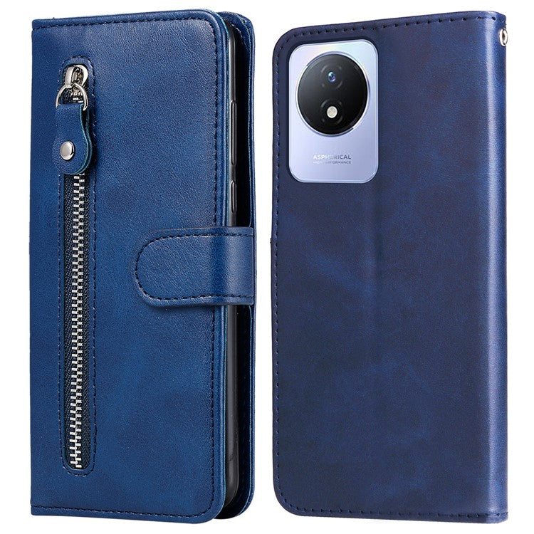 For vivo Y02 4G Calf Texture Zipper Pocket Phone Case Drop-proof Leather Wallet Stand Cover - Blue