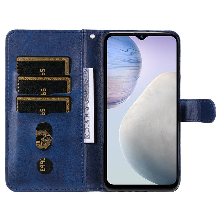 For vivo Y02 4G Calf Texture Zipper Pocket Phone Case Drop-proof Leather Wallet Stand Cover - Blue