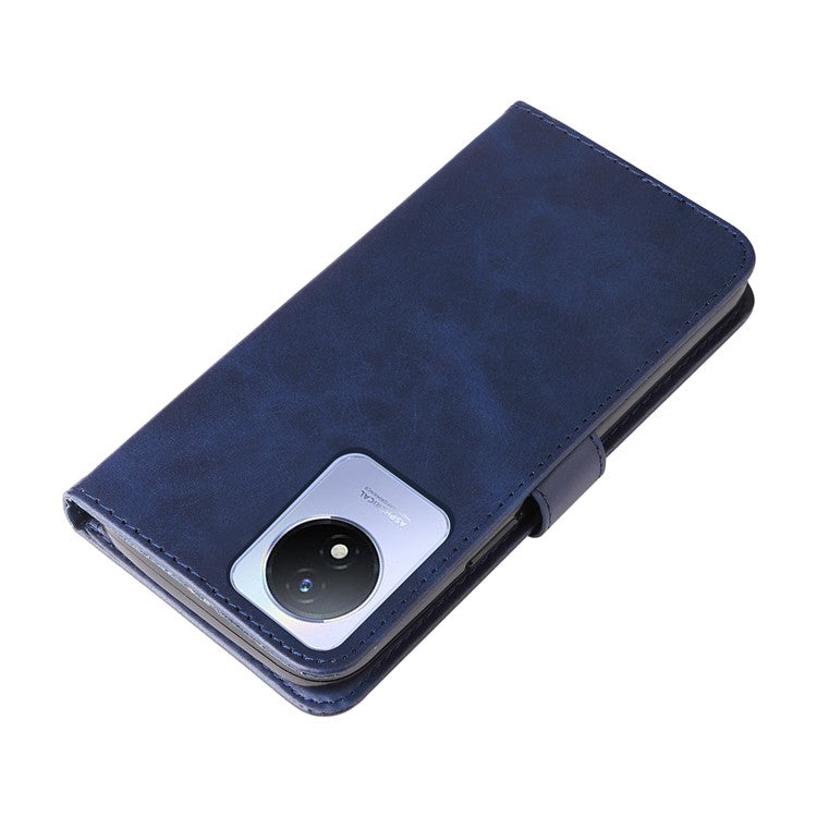 For vivo Y02 4G Calf Texture Zipper Pocket Phone Case Drop-proof Leather Wallet Stand Cover - Blue