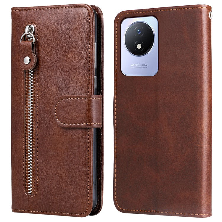 For vivo Y02 4G Calf Texture Zipper Pocket Phone Case Drop-proof Leather Wallet Stand Cover - Brown