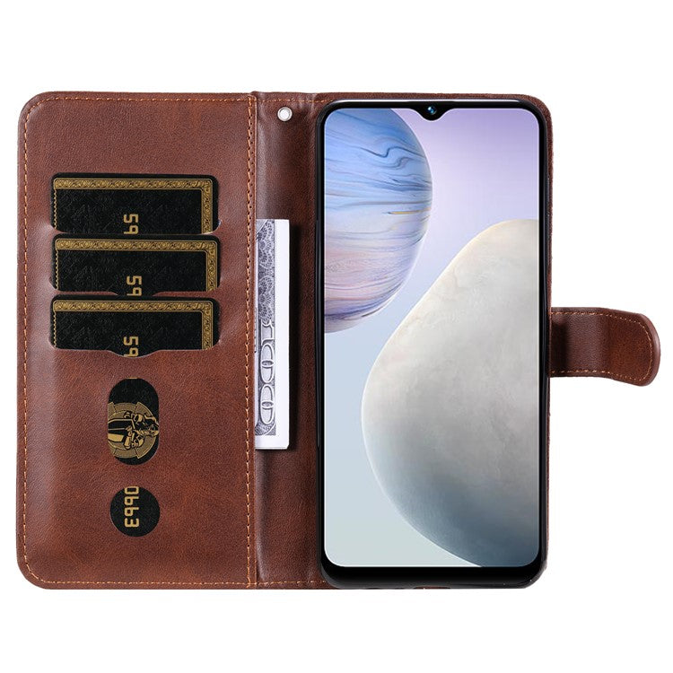 For vivo Y02 4G Calf Texture Zipper Pocket Phone Case Drop-proof Leather Wallet Stand Cover - Brown