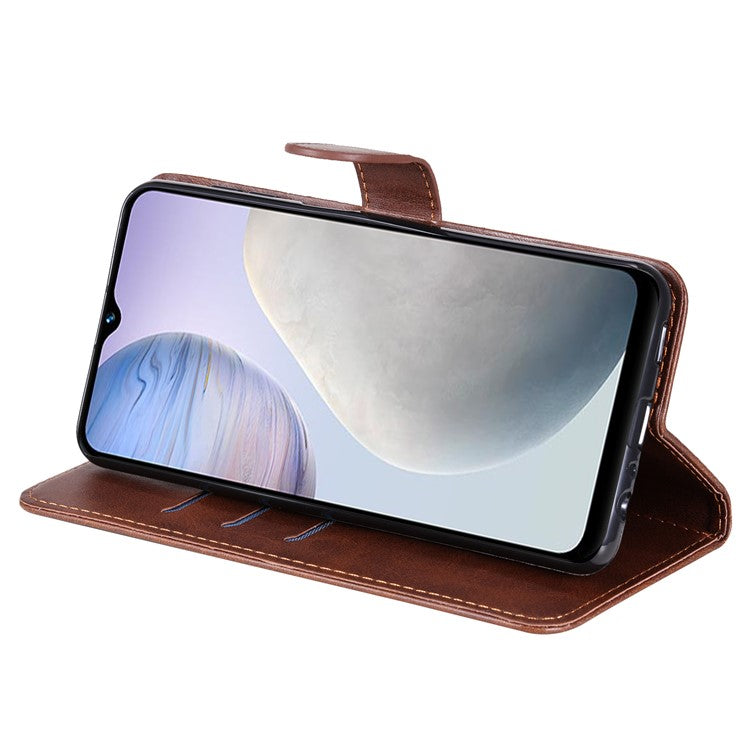 For vivo Y02 4G Calf Texture Zipper Pocket Phone Case Drop-proof Leather Wallet Stand Cover - Brown