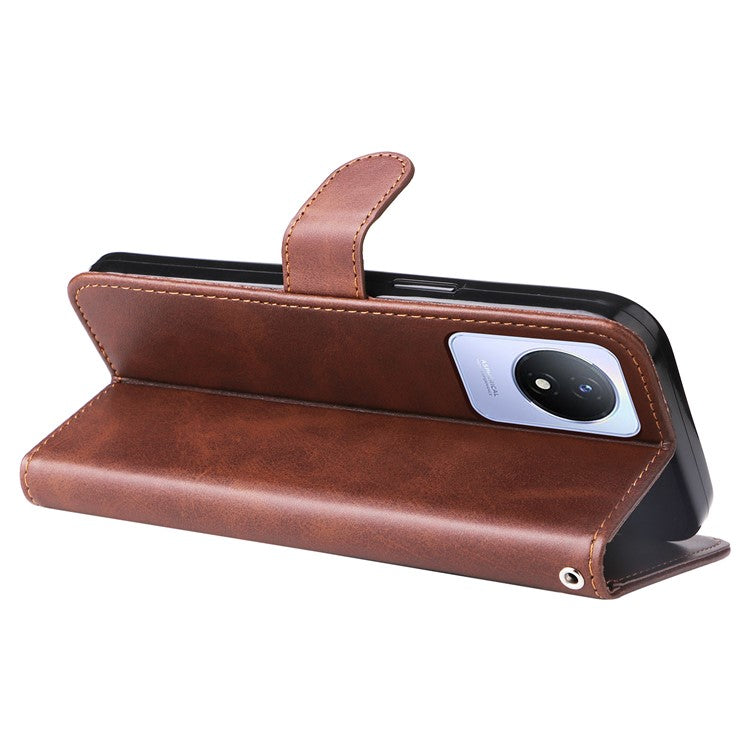 For vivo Y02 4G Calf Texture Zipper Pocket Phone Case Drop-proof Leather Wallet Stand Cover - Brown