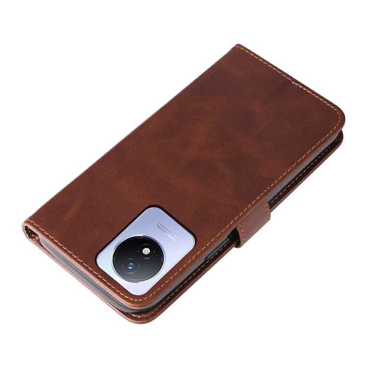 For vivo Y02 4G Calf Texture Zipper Pocket Phone Case Drop-proof Leather Wallet Stand Cover - Brown