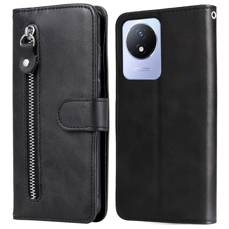 For vivo Y02 4G Calf Texture Zipper Pocket Phone Case Drop-proof Leather Wallet Stand Cover - Black