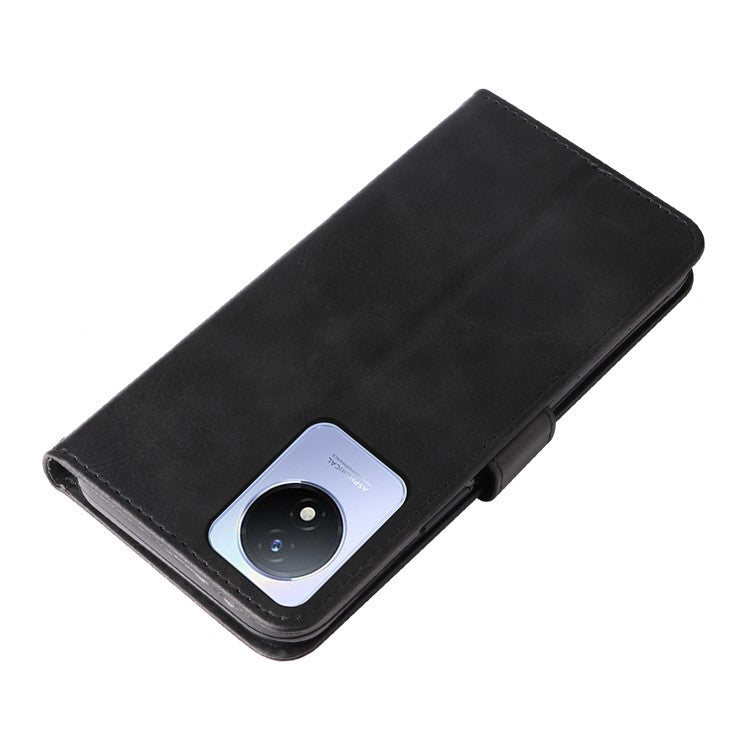 For vivo Y02 4G Calf Texture Zipper Pocket Phone Case Drop-proof Leather Wallet Stand Cover - Black