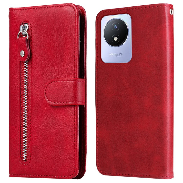 For vivo Y02 4G Calf Texture Zipper Pocket Phone Case Drop-proof Leather Wallet Stand Cover - Red