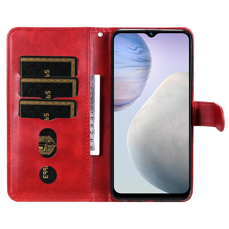 For vivo Y02 4G Calf Texture Zipper Pocket Phone Case Drop-proof Leather Wallet Stand Cover - Red