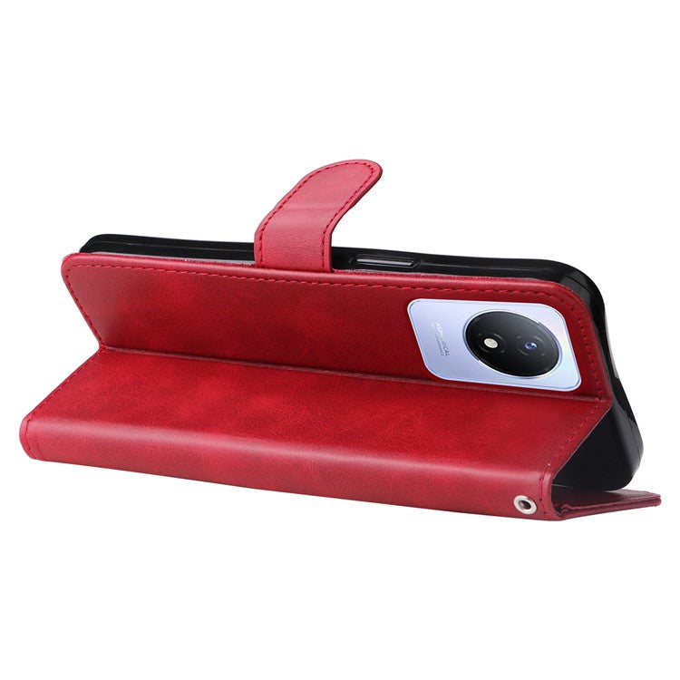 For vivo Y02 4G Calf Texture Zipper Pocket Phone Case Drop-proof Leather Wallet Stand Cover - Red