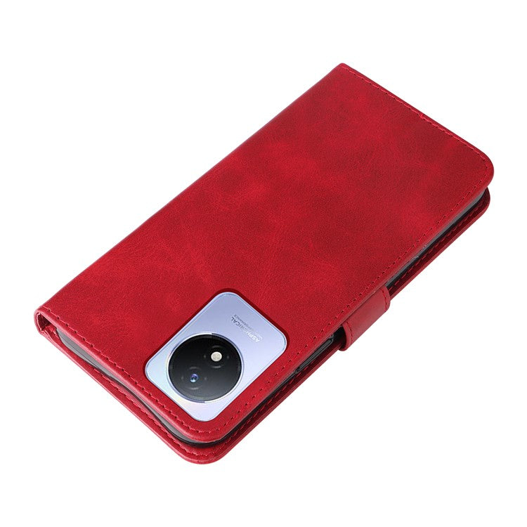 For vivo Y02 4G Calf Texture Zipper Pocket Phone Case Drop-proof Leather Wallet Stand Cover - Red