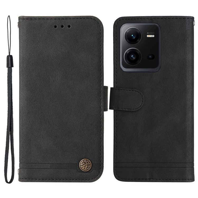 For vivo V25e 4G / V25 5G Skin-touch Feeling Leather Phone Case Tree Pattern Imprinted Lines Cover Stand Wallet - Black