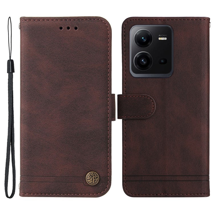 For vivo V25e 4G / V25 5G Skin-touch Feeling Leather Phone Case Tree Pattern Imprinted Lines Cover Stand Wallet - Brown