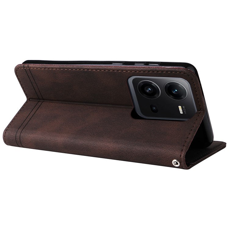 For vivo V25e 4G / V25 5G Skin-touch Feeling Leather Phone Case Tree Pattern Imprinted Lines Cover Stand Wallet - Brown