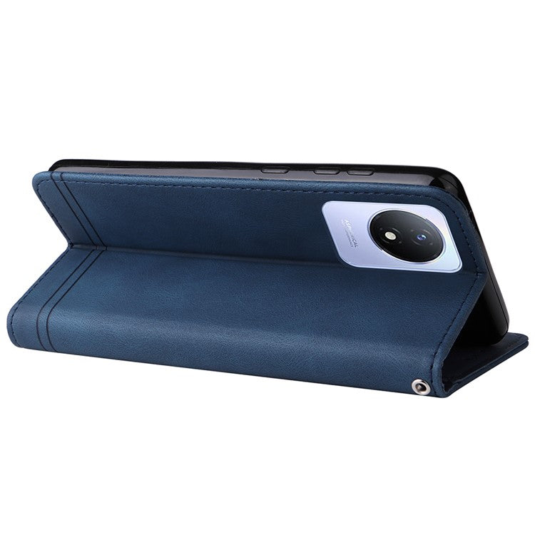 For vivo Y02 4G Magnetic Closure Phone Cover Skin-touch Feeling Leather Imprinted Lines Stand Case Wallet - Blue