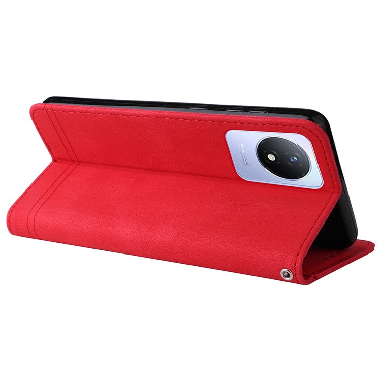 For vivo Y02 4G Magnetic Closure Phone Cover Skin-touch Feeling Leather Imprinted Lines Stand Case Wallet - Red