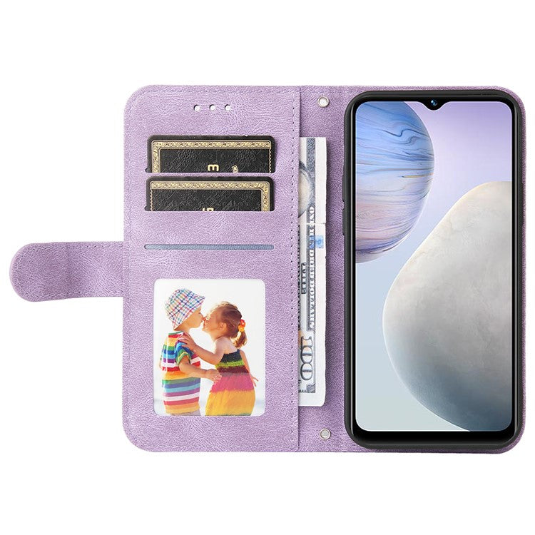 For vivo Y02 4G Magnetic Closure Phone Cover Skin-touch Feeling Leather Imprinted Lines Stand Case Wallet - Purple