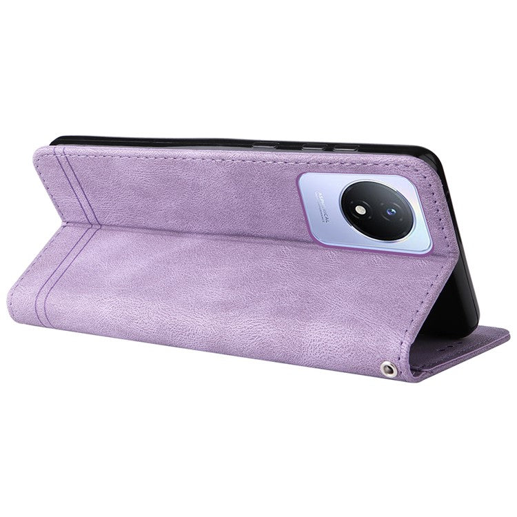 For vivo Y02 4G Magnetic Closure Phone Cover Skin-touch Feeling Leather Imprinted Lines Stand Case Wallet - Purple