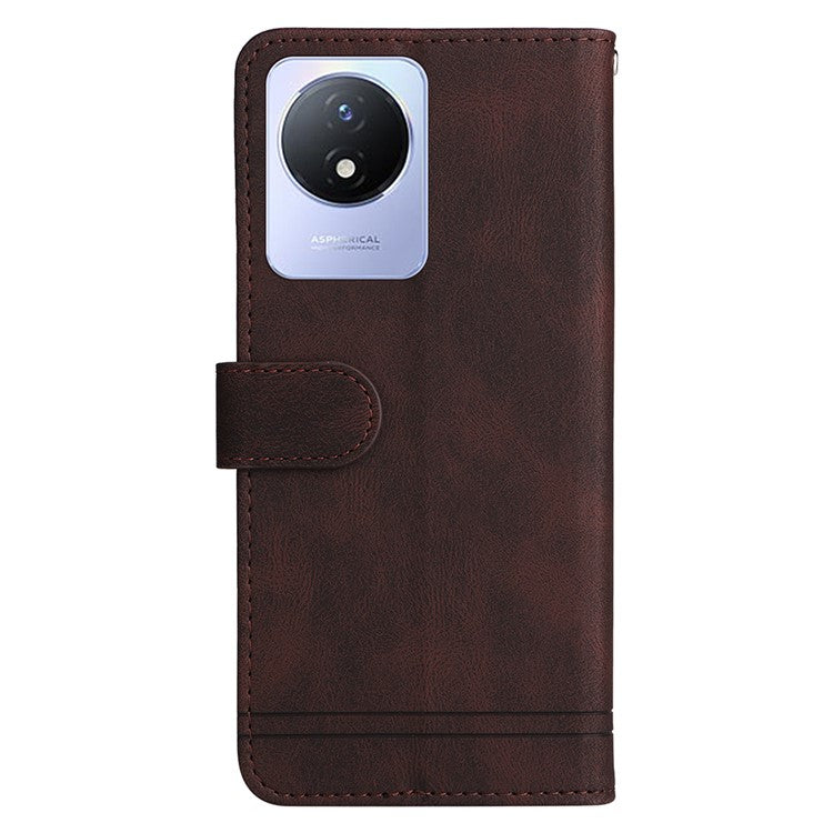 For vivo Y02 4G Magnetic Closure Phone Cover Skin-touch Feeling Leather Imprinted Lines Stand Case Wallet - Brown