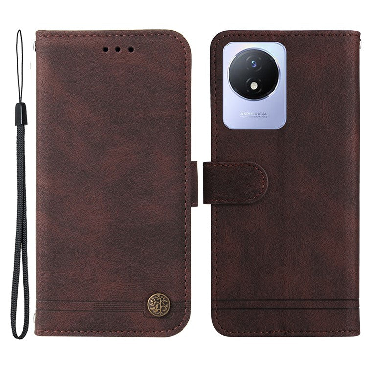 For vivo Y02 4G Magnetic Closure Phone Cover Skin-touch Feeling Leather Imprinted Lines Stand Case Wallet - Brown