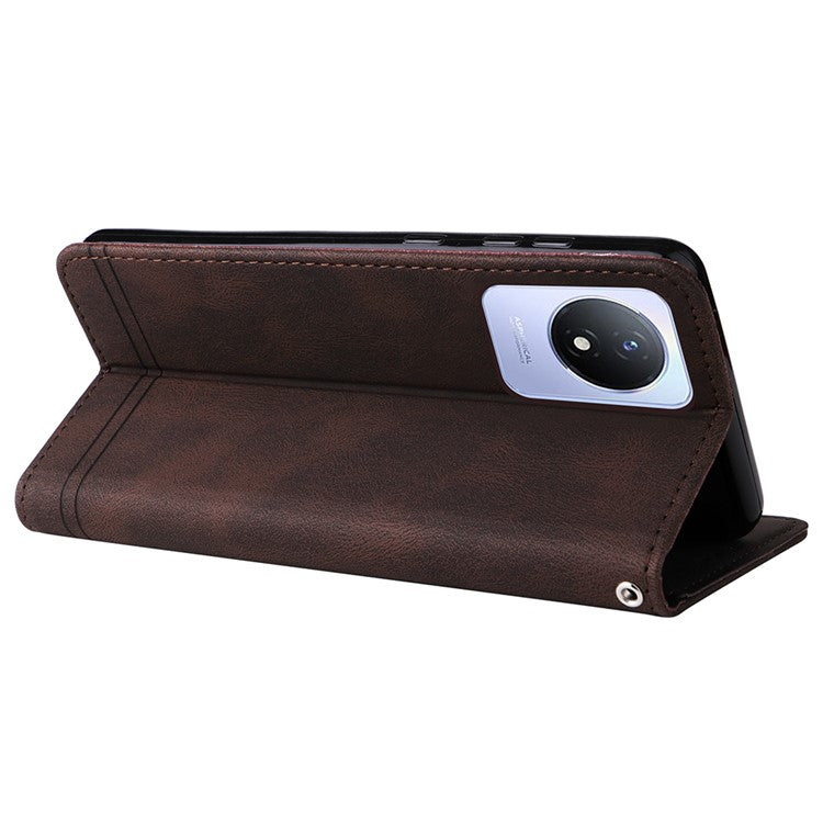 For vivo Y02 4G Magnetic Closure Phone Cover Skin-touch Feeling Leather Imprinted Lines Stand Case Wallet - Brown