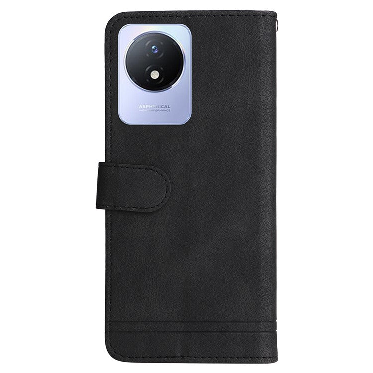 For vivo Y02 4G Magnetic Closure Phone Cover Skin-touch Feeling Leather Imprinted Lines Stand Case Wallet - Black