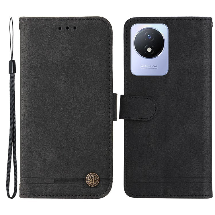 For vivo Y02 4G Magnetic Closure Phone Cover Skin-touch Feeling Leather Imprinted Lines Stand Case Wallet - Black