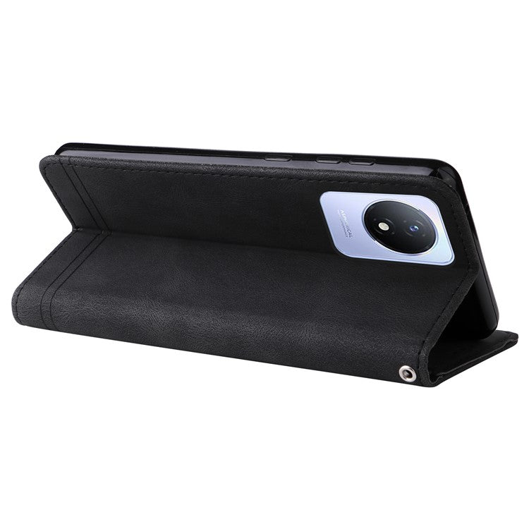 For vivo Y02 4G Magnetic Closure Phone Cover Skin-touch Feeling Leather Imprinted Lines Stand Case Wallet - Black