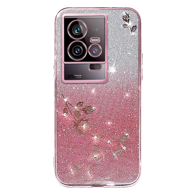 KADEM Phone TPU Case for vivo iQOO 11 5G ,  Gradient Glitter Flower Rhinestone Decor Phone Cover - Rose Gold