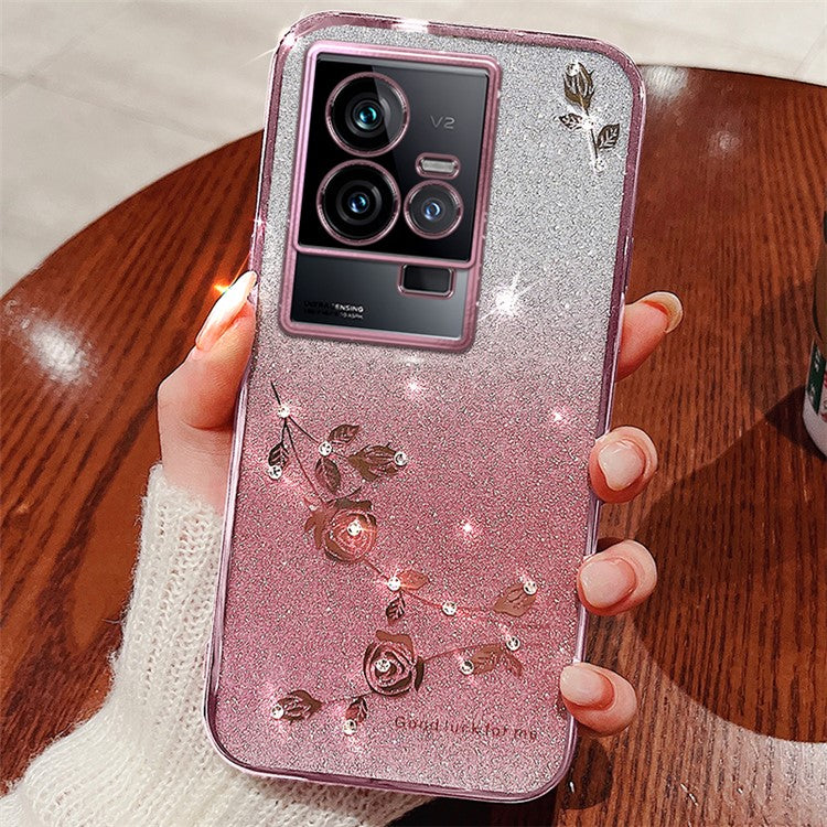 KADEM Phone TPU Case for vivo iQOO 11 5G ,  Gradient Glitter Flower Rhinestone Decor Phone Cover - Rose Gold