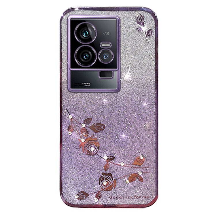 KADEM Phone TPU Case for vivo iQOO 11 5G ,  Gradient Glitter Flower Rhinestone Decor Phone Cover - Purple