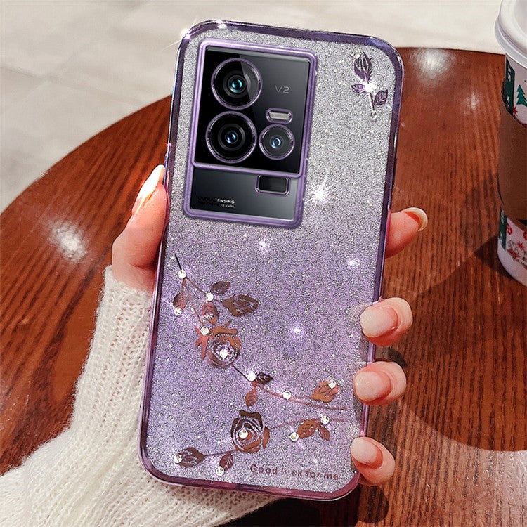 KADEM Phone TPU Case for vivo iQOO 11 5G ,  Gradient Glitter Flower Rhinestone Decor Phone Cover - Purple