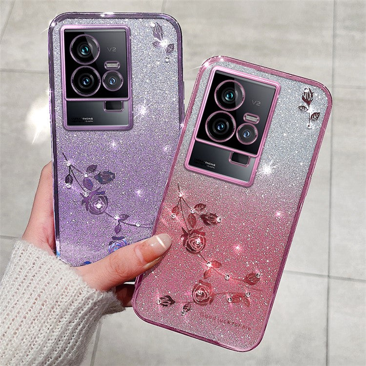 KADEM Phone TPU Case for vivo iQOO 11 5G ,  Gradient Glitter Flower Rhinestone Decor Phone Cover - Purple