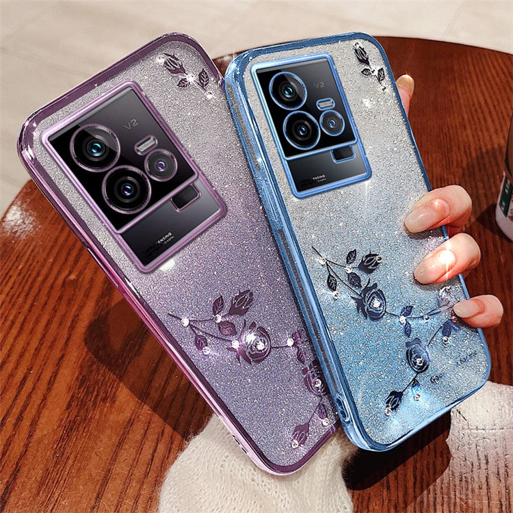 KADEM Phone TPU Case for vivo iQOO 11 5G ,  Gradient Glitter Flower Rhinestone Decor Phone Cover - Purple