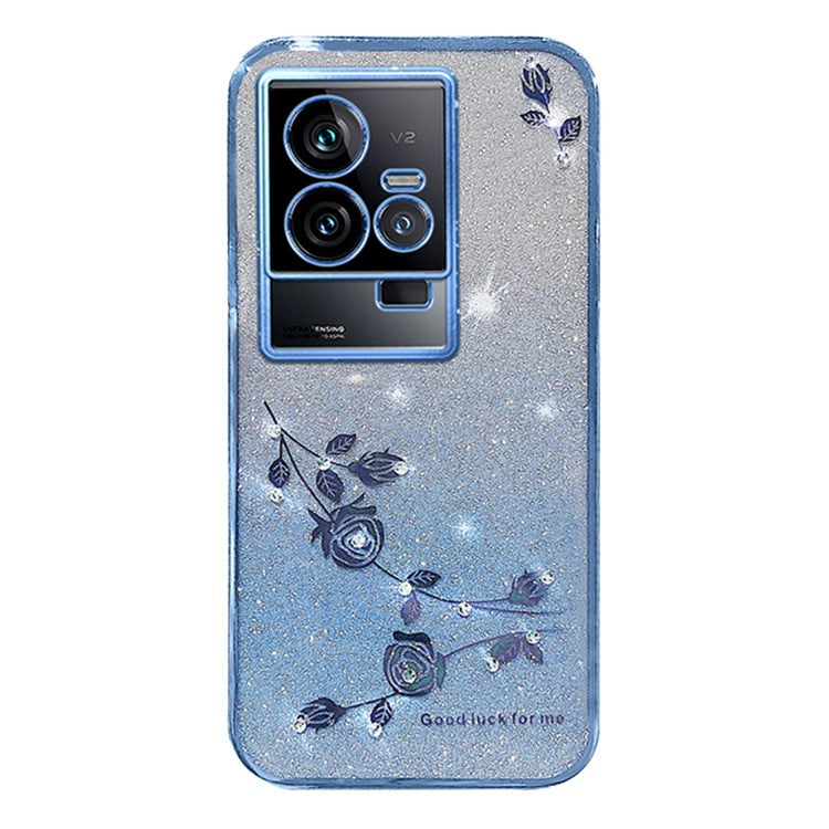 KADEM Phone TPU Case for vivo iQOO 11 5G ,  Gradient Glitter Flower Rhinestone Decor Phone Cover - Blue