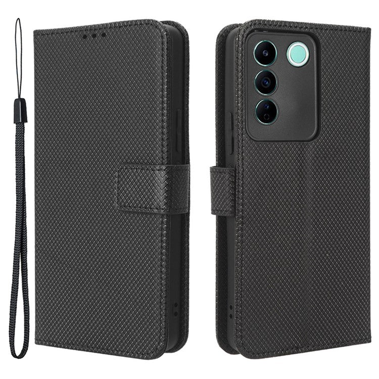 For vivo V27e 5G / S16e 5G Protective Phone Case Diamond Texture Wallet Stand Phone Leather Cover - Black