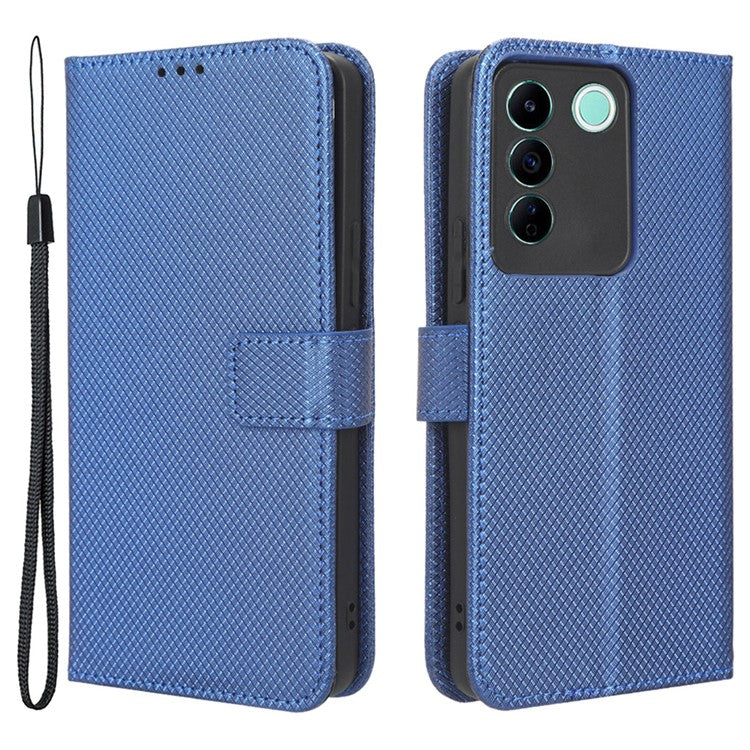 For vivo V27e 5G / S16e 5G Protective Phone Case Diamond Texture Wallet Stand Phone Leather Cover - Blue