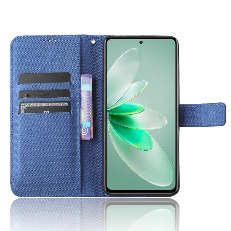 For vivo V27e 5G / S16e 5G Protective Phone Case Diamond Texture Wallet Stand Phone Leather Cover - Blue