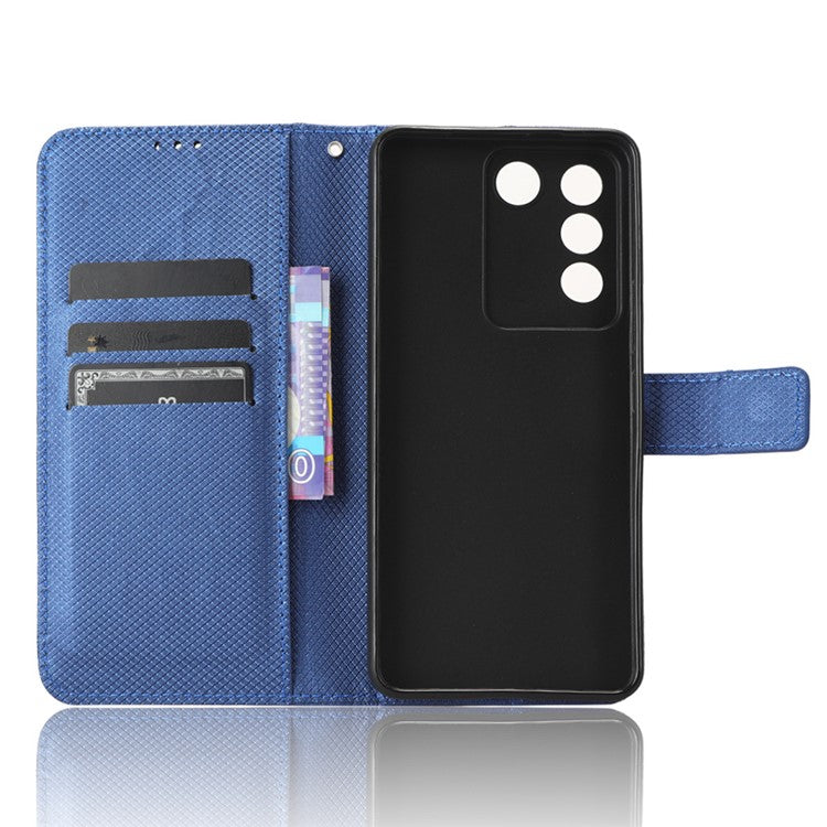 For vivo V27e 5G / S16e 5G Protective Phone Case Diamond Texture Wallet Stand Phone Leather Cover - Blue