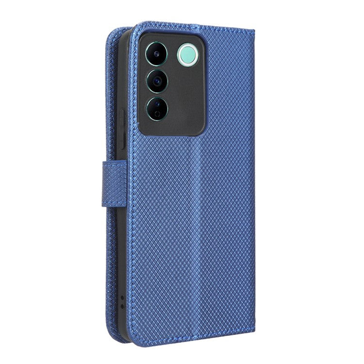 For vivo V27e 5G / S16e 5G Protective Phone Case Diamond Texture Wallet Stand Phone Leather Cover - Blue